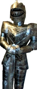The suit of armor that stands watch in the Excalibur Auto Repair lobby